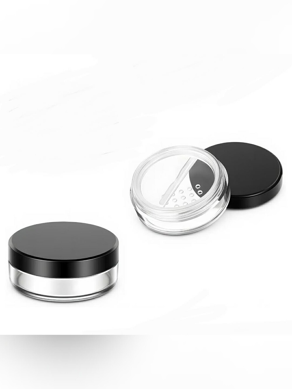 Clear Travel-Friendly Powder Cosmetic Jar with Black Screw Lid & Sifter BNIB